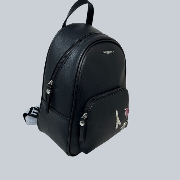 Karl Lagerfeld Paris Faux Leather Backpack With Eiffel Tower & Heart Pin Accents - Picture 2 of 10